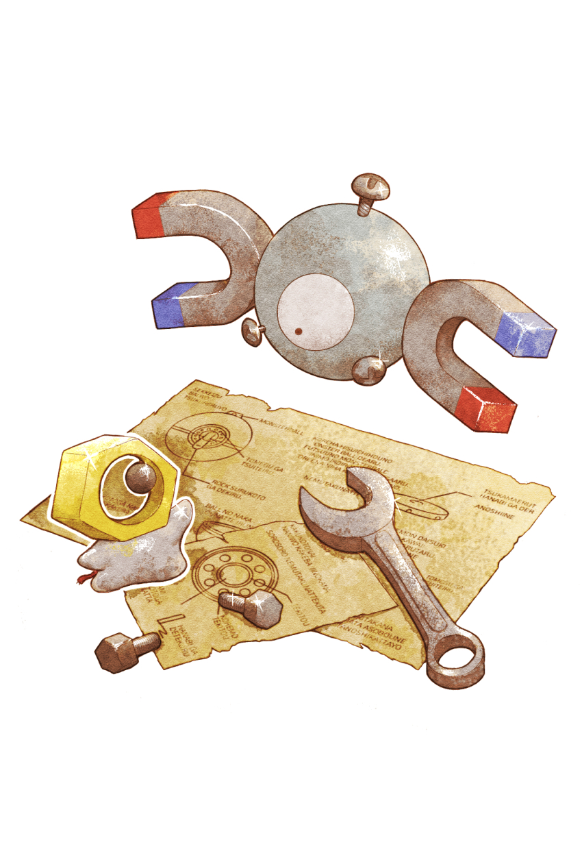 blueprint_(object) bolt_(hardware) commentary_request eye_contact gen_1_pokemon gen_7_pokemon glint highres looking_at_another magnemite magnet meltan mozuku_1313 mythical_pokemon nintendo no_humans pokemon pokemon_(creature) pokemon_focus wrench