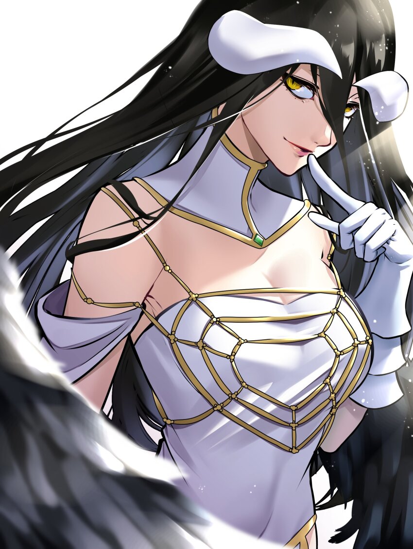 1girl absurdres albedo_(overlord) bare_shoulders black_hair black_wings closed_mouth commentary demon_girl demon_horns detached_collar dress feathered_wings finger_to_mouth gloves hair_between_eyes highres horns lips long_hair looking_at_viewer low_horns overlord_(maruyama) pink_lips simple_background smile solo strapless strapless_dress very_long_hair wanderstillart white_background white_dress white_gloves white_horns wings yellow_eyes