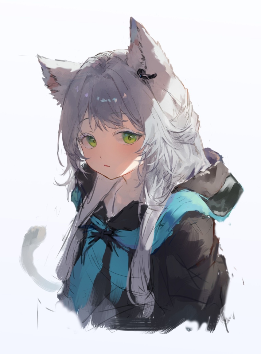 1girl absurdres animal_ears arknights black_jacket colored_eyelashes commentary cropped_torso green_eyes grey_hair highres hood hood_down hooded_jacket jacket long_hair looking_at_viewer mumu_millhayes parted_lips rosmontis_(arknights) simple_background sketch solo white_background