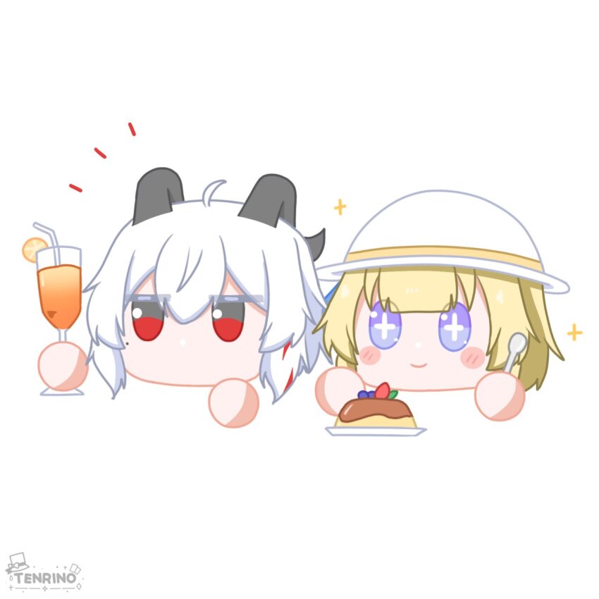 ahoge artist_name ball_hands black_eyes black_horns blonde_hair blue_eyes closed_mouth commentary cup curled_horns drinking_glass english_commentary highres holding holding_cup holding_spoon horns mole mole_under_eye multicolored_eyes multicolored_hair no_humans no_mouth phoebe_(wuthering_waves) red_eyes remnant_cube_(wuthering_waves) smile spoon streaked_hair tenrino two-tone_eyes wuthering_waves zani_(wuthering_waves)