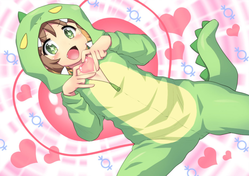 +_+ 1girl :d animal_costume animal_hood blonde_hair blush brown_hair colored_inner_hair commentary_request cosplay dinosaur_costume dinosaur_hood dot_nose dutch_angle eyebrows eyelashes fang female_focus flat_chest green_eyes green_onesie hands_up hase_yu heart heart_background heart_hands hood hood_up hooded_pajamas kigurumi long_sleeves looking_at_viewer multicolored_hair oka_asahi onesie onii-chan_wa_oshimai! open_mouth pajamas petite pink_background simple_background smile solo tareme two-tone_background two-tone_hair venus_symbol white_background zipper_pull_tab