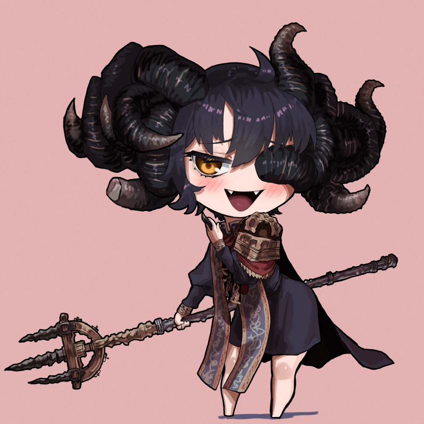 1girl absurdres black_cape black_dress black_hair black_horns blush cape chibi chibi_only commentary curled_horns dress ekrea_jan elden_ring fangs full_body genderswap genderswap_(mtf) highres holding holding_own_horn holding_polearm holding_weapon horns leaning_forward long_sleeves looking_at_viewer missing_eye mohg_lord_of_blood multiple_horns open_mouth pink_background polearm short_hair simple_background single_shoulder_pad smile smug solo trident weapon yellow_eyes
