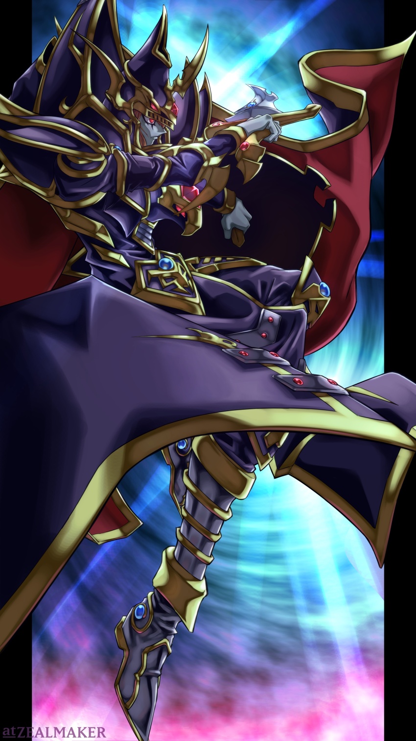 1boy absurdres artist_name black_shirt cape colored_skin commentary_request duel_monster grey_skin highres holding holding_sword holding_weapon looking_to_the_side master_of_chaos purple_eyes red_eyes shirt sleeveless sleeveless_shirt solo sword weapon yu-gi-oh! yu-gi-oh!_duel_monsters zealmaker