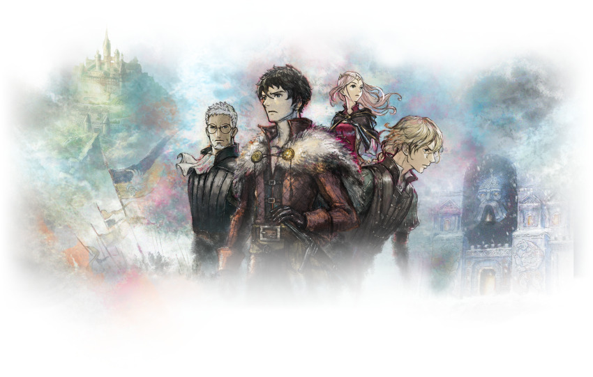 1girl 3boys benedict_pascal black_gloves black_hair blonde_hair cape capelet castle closed_mouth diadem flag frederica_aesfrost fur_capelet glasses gloves hand_on_own_chest highres ikusy long_hair looking_afar multiple_boys official_art pink_hair roland_glenbrook serenoa_wolffort short_hair standing sword transparent_background triangle_strategy weapon white_hair