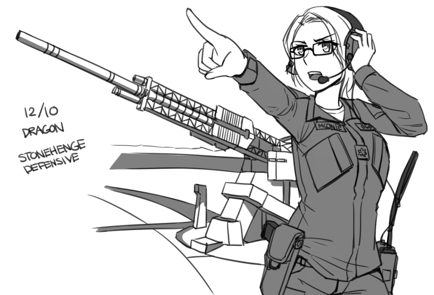 1girl ace_combat ace_combat_7:_skies_unknown breasts cannon dated deanna_mconie ear_protection female_focus flight_suit forehead g-suit glasses greyscale headset highres jacket long_sleeves looking_away magnetic_weapon monochrome ndtwofives outstretched_arm pants parted_bangs pointing railgun shirt small_breasts solo stonehenge_(ace_combat) stonehenge_turret_network teeth upper_teeth_only white_background