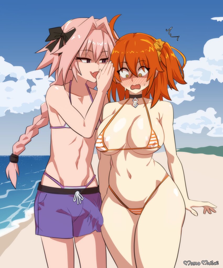 1boy 1girl absurdres ahoge areola_slip arms_at_sides artist_name astolfo_(fate) beach bikini bikini_under_shorts black_bow black_choker blue_sky blush bow braid braided_ponytail breasts bulge cameltoe choker cleavage cloud cloudy_sky collarbone commentary covering_own_mouth cowboy_shot crossdressing crossed_bangs curvy day drawstring english_commentary erection erection_under_clothes fang fate_(series) fujimaru_ritsuka_(female) genderswap genderswap_(mtf) grabbing_another&#039;s_ass groping hair_between_eyes hair_bow hair_intakes hair_ornament hair_scrunchie half-closed_eyes halterneck hand_over_own_mouth hetero highleg highleg_bikini highres horizon jewelry jitome large_areolae large_breasts large_penis long_braid long_hair looking_at_another looking_at_penis looking_down looking_to_the_side maho_malice male_swimwear medium_hair micro_bikini multicolored_bikini naughty_face navel nose_blush ocean one_side_up open_mouth orange_bikini orange_hair orange_scrunchie outdoors pendant pendant_choker penis penis_awe pink_hair pink_scrunchie purple_bikini purple_eyes purple_swim_trunks sand scrunchie shore short_shorts shorts sideboob signature skin_fang skindentation sky standing straight-on string_bikini striped_bikini striped_clothes sweatdrop swim_trunks swimsuit thong_bikini trap trap_on_female two-tone_bikini underboob very_long_hair water watermark whispering whispering_in_ear white_bikini wide-eyed wide_hips yellow_eyes
