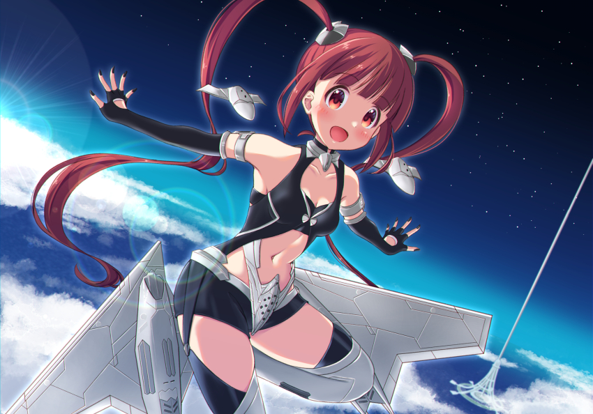 1girl ace_combat ace_combat_7 adf-11f_raven alternate_costume bare_shoulders black_gloves black_nails blush breasts cleavage cloud collarbone commentary_request elbow_gloves fingerless_gloves gloves highres idolmaster idolmaster_million_live! idolmaster_starlit_season lens_flare long_hair looking_at_viewer matsuda_arisa mecha_musume mechanical_wings nail_polish navel nayan70 open_mouth outdoors red_eyes red_hair sky smile solo space_elevator star_(sky) starry_sky stratosphere sunlight twintails very_long_hair wings