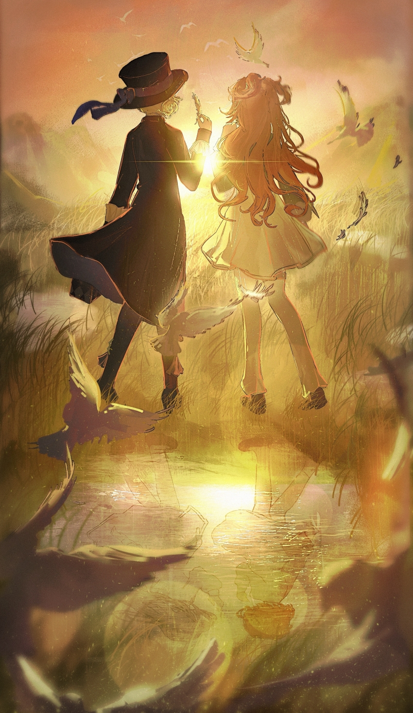 2girls absurdres backlighting bird black_coat black_footwear black_hat blue_bow boater_hat bow coat different_reflection dress facing_away feathers from_behind full_body gradient_sky grass grey_footwear grey_hair hair_bun hand_up hat hat_bow highres holding holding_feather holding_suitcase lens_flare long_hair long_sleeves mangxia_xiang_chi_mangguo multiple_girls orange_hair orange_sky outdoors pants pants_under_dress reflection reflective_water reverse:1999 short_hair single_side_bun sky sonetto_(reverse:1999) standing suitcase sun twilight two_side_up vertin_(reverse:1999) water white_bird white_dress white_pants