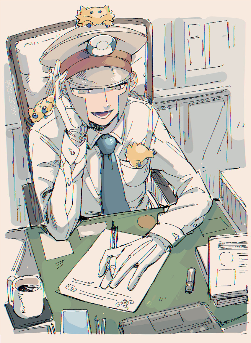 1boy :d akamtvahosi blue_necktie book border breast_pocket chair chandelure coffee coffee_mug collared_shirt commentary_request cup elbow_rest emmet_(pokemon) gen_5_pokemon gloves grey_eyes grey_hair grey_hat hand_up hat head_rest highres holding holding_pencil in_pocket indoors joltik long_sleeves looking_down lower_teeth_only male_focus mechanical_pencil mug necktie nintendo on_chair on_head on_shoulder open_mouth paper peaked_cap pencil pocket pokemon pokemon_(creature) pokemon_bw pokemon_on_head pokemon_on_shoulder shirt short_hair sideburns sitting smile solo table teeth upper_body white_border white_gloves white_shirt wing_collar