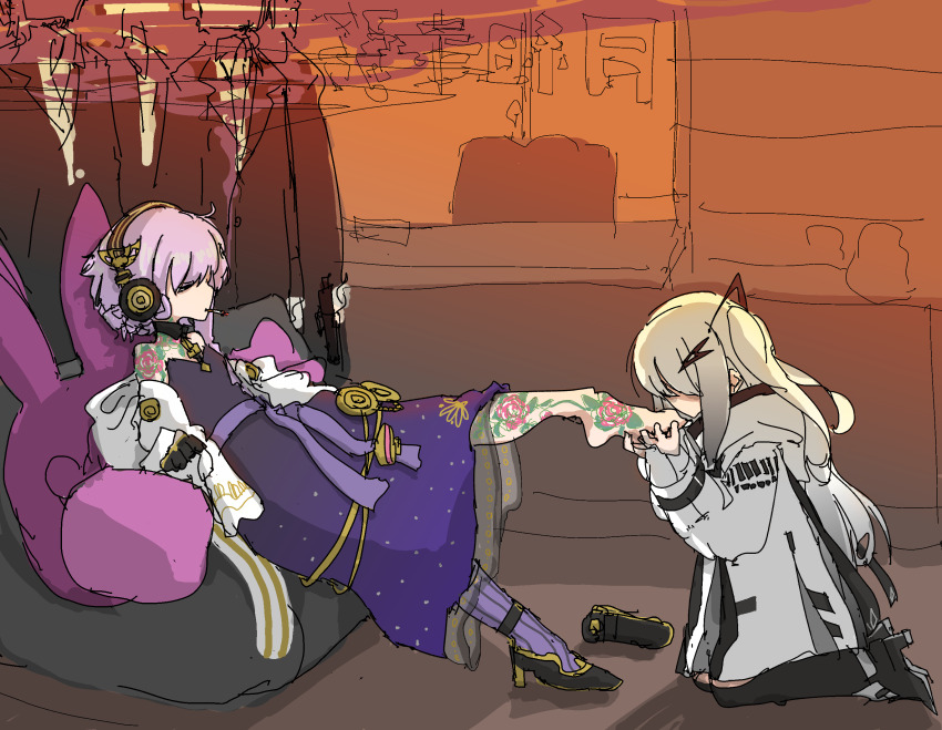 2girls allial_(coefont) bare_shoulders black_boots black_shoes boots cevio cigarette coat coefont colored_smoke commentary_request couch cushion dress flower_tattoo from_side full_body hair_over_eyes head_down headphones high_heels highres hood hooded_coat indoors jacket jacket_partially_removed kissing_foot kneeling long_hair long_sleeves looking_at_another mouth_hold multiple_girls on_couch one_side_up open_clothes open_jacket orange_background outstretched_leg profile purple_dress purple_hair rabbit-shaped_pillow reclining shadow shoes short_hair shoulder_tattoo single_bare_foot smoke smoking sotobako_e strapless strapless_dress tattoo textless_version thigh_boots unworn_shoe voiceroid white_coat white_hair white_jacket yuzuki_yukari yuzuki_yukari_(rei)
