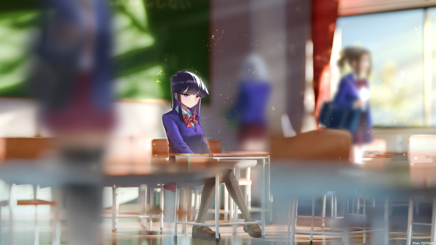 4girls absurdres black_eyes black_hair black_pantyhose blazer blurry blurry_background blurry_foreground botttomtext bow chair chalkboard classroom closed_mouth colored_inner_hair desk diagonal-striped_bow highres indoors jacket komi-san_wa_komyushou_desu komi_shouko long_hair looking_at_viewer multicolored_hair multiple_girls pantyhose purple_hair purple_jacket red_bow school_chair school_desk sitting solo_focus window