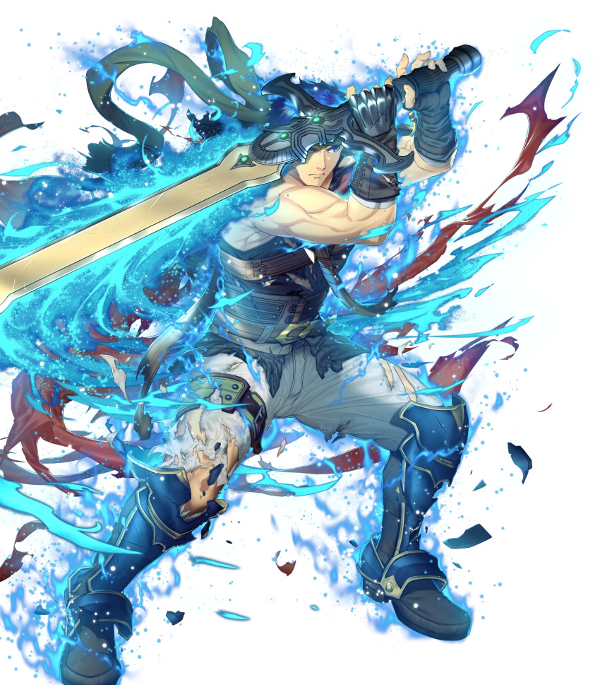 1boy aura blue_eyes blue_hair brown_gloves cape damaged fighting_stance fingerless_gloves fire_emblem fire_emblem:_radiant_dawn fire_emblem_engage gloves greatsword guard headband highres holding holding_behind_back holding_sword holding_sword_behind_back holding_weapon holding_weapon_behind_back ike_(emblem)_(fire_emblem) ike_(fire_emblem) male_focus muscular muscular_male nintendo non-web_source ox_guard red_cape red_headband single_shoulder_pad solo sword torn_clothes weapon
