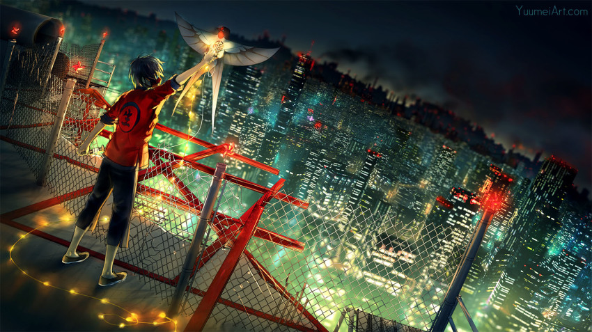 1boy black_hair chinese_clothes chinese_text city kite knite male_focus mask night solo string_of_light_bulbs watermark web_address yuumei