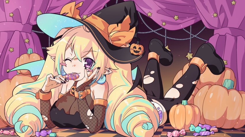 ahoge belt black_boots black_hat black_nails black_tube_top black_wings blonde_hair blue_hair blue_streaks blue_wings blush_stickers boots bow breasts bridal_gauntlets candy checkered_floor cleavage closed_mouth commentary commission crop_top drill_hair ear_piercing earrings fishnet_bridal_gauntlets fishnets food hair_bow hair_ornament hat head_rest highres holding holding_candy holding_food holding_lollipop indie_virtual_youtuber jack-o&#039;-lantern jewelry kirinoha koumourin_rurika large_breasts licking licking_food lollipop long_hair looking_at_viewer lying mole mole_on_breast multicolored_hair multicolored_wings multiple_hair_bows nail_polish on_stomach one_eye_closed orange_belt orange_bow piercing pointy_ears pumpkin purple_eyes second-party_source see-through_clothes skeb_commission star_(symbol) strapless streaked_hair thigh_boots tongue tongue_out torn_boots torn_clothes tube_top twin_drills virtual_youtuber watanabe_akio_(style) wings witch witch_hat wrapped_candy wrist_belt x_hair_ornament