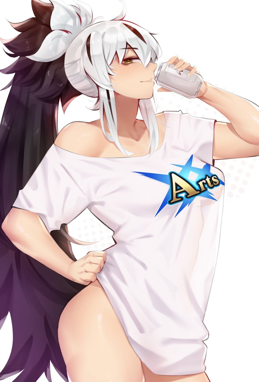 1girl absurdres arts_shirt ass black_hair blush breasts can deccatezu drinking fate/grand_order fate_(series) hair_between_eyes highres holding holding_can long_hair looking_at_viewer medium_breasts multicolored_hair nagao_kagetora_(fate) ponytail shirt sidelocks smile solo two-tone_hair uesugi_kenshin_(fate) very_long_hair white_hair white_shirt