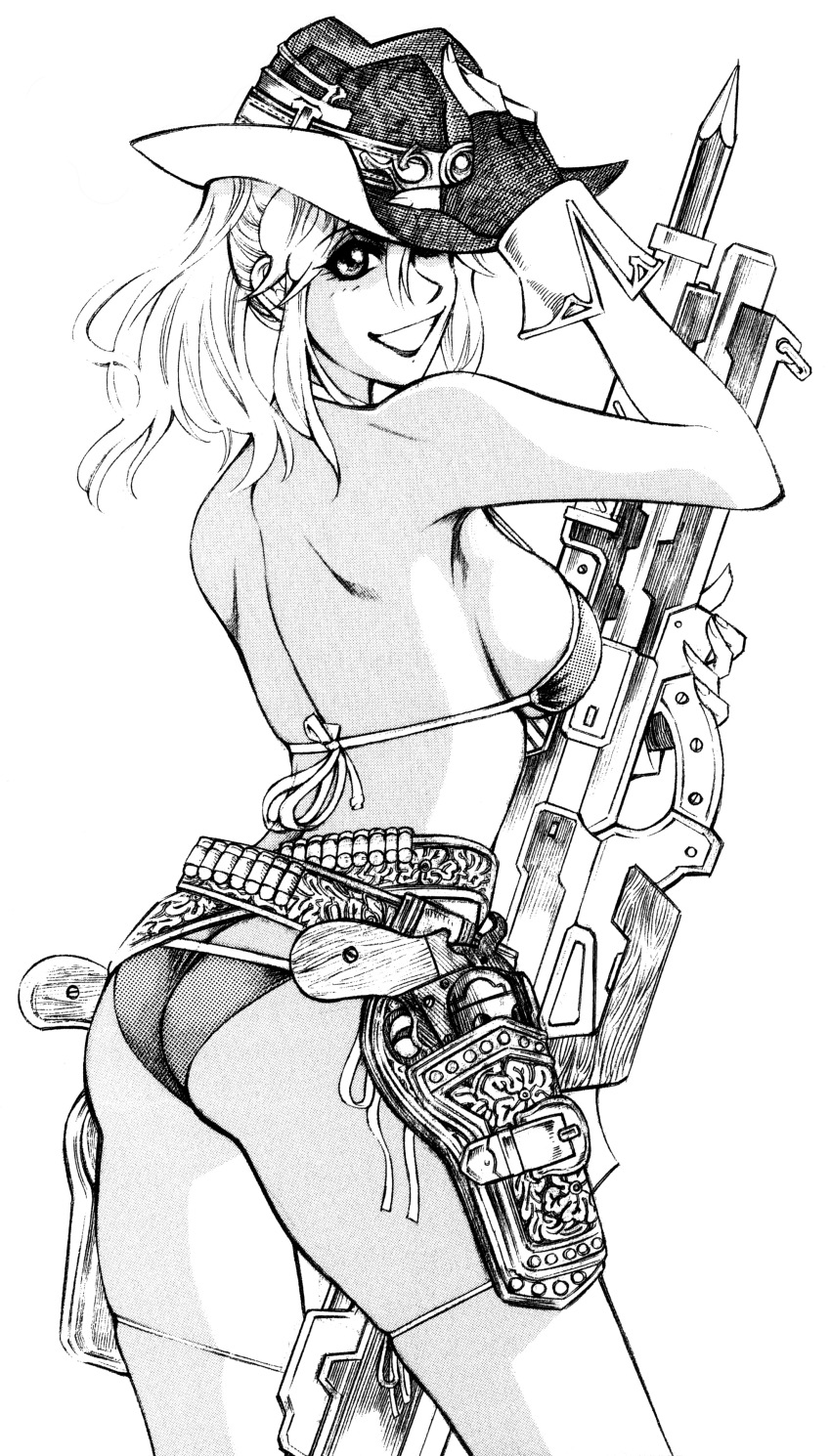 1girl absurdres arched_back ass bandolier banpresto belt bikini breasts butt_crack cleavage cosplay excellen_browning female_focus fingerless_gloves gender_request genderswap gloves greyscale gun handgun harken_browning hat highres holster large_breasts looking_back monochrome panties revolver sideboob solo string_bikini string_panties super_robot_wars super_robot_wars_og_saga_mugen_no_frontier super_robot_wars_original_generation swimsuit thighhighs underwear weapon yatsufusa_tatsunosuke