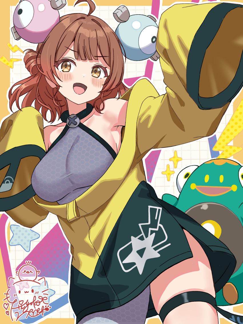 1girl :d absurdres ahoge armpits bare_shoulders blush breasts brown_eyes brown_hair character_hair_ornament cosplay gakuen_idolmaster hair_bun hair_ornament hanami_ume hexagon_print highres hiyoko_neneko idolmaster iono_(pokemon) iono_(pokemon)_(cosplay) large_breasts looking_at_viewer nintendo open_mouth pokemon pokemon_sv single_hair_bun sleeves_past_wrists smile solo thigh_strap thighs yellow_sleeves