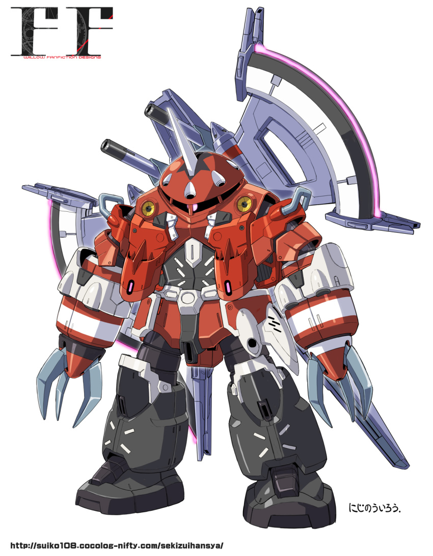 axe full_body gundam gundam_seed gundam_seed_freedom highres mecha mecha_focus no_humans robot sousou_no_frieren standing stark_(sousou_no_frieren) watermark web_address white_background yanagi_joe z&#039;gok z&#039;gok_(seed)