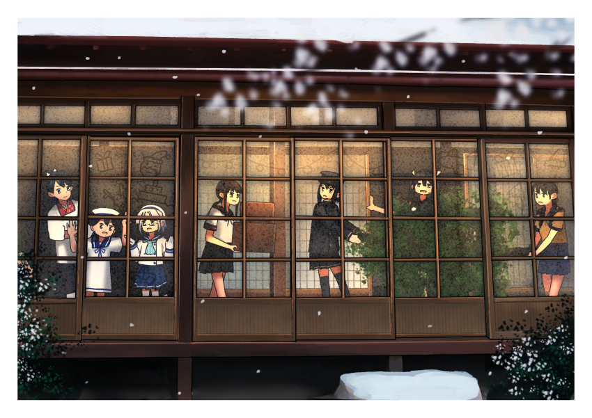 6+girls akitsu_maru_(kancolle) akitsu_maru_kai_(kancolle) apron black_hair black_hakama black_hat black_sailor_collar black_skirt black_thighhighs blue_neckerchief blue_sailor_collar blue_skirt braid dress fubuki_(kancolle) fubuki_kai_ni_(kancolle) fusuma glasses gloves grey_hair hair_between_eyes hair_ribbon hakama hakama_skirt hat hiburi_(kancolle) highres hirato_(kancolle) houshou_(kancolle) japanese_clothes kantai_collection kappougi kimono landing_ship_no._101_(kancolle) long_hair low_ponytail low_twin_braids military_uniform multiple_girls neckerchief peaked_cap pink_kimono pleated_skirt ponytail red_eyes ribbon sailor_collar sailor_dress sailor_hat school_uniform serafuku short_hair short_ponytail skirt sliding_doors thighhighs timmyyen twin_braids twintails wavy_hair white_dress white_gloves white_hat white_ribbon zuikaku_(kancolle)