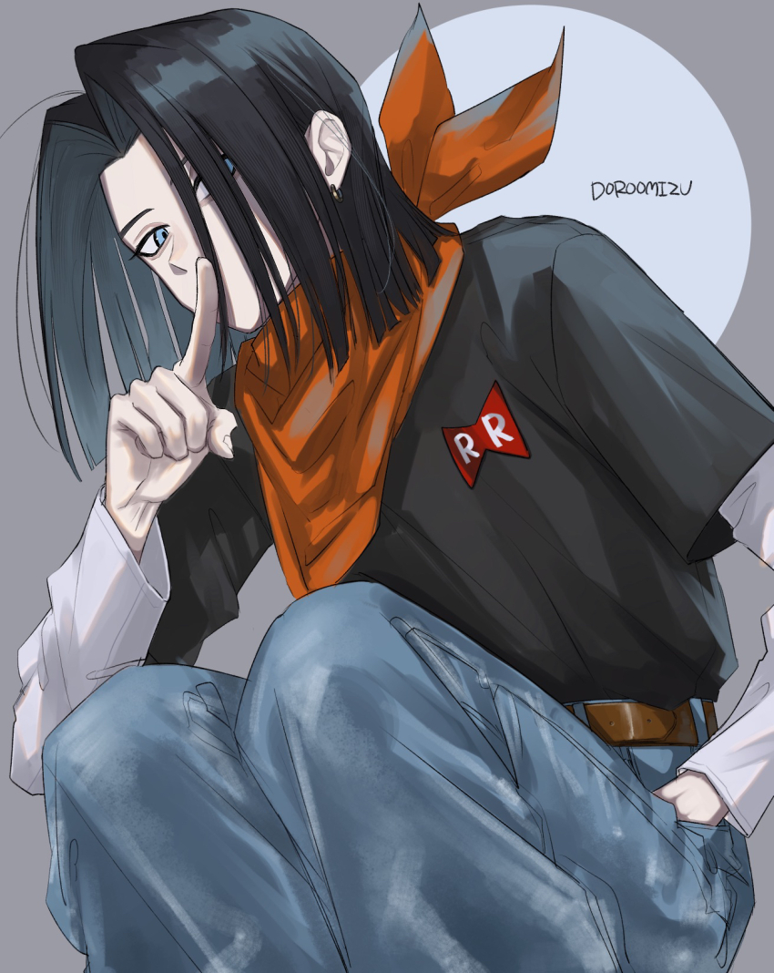 1boy aegyo_sal androgynous android android_17 artist_name belt black_hair black_shirt blue_eyes blunt_ends brown_belt commentary_request denim dragon_ball dragonball_z earrings from_below gold_earrings hair_over_one_eye hand_in_pocket highres hoop_earrings jeans jewelry long_sleeves looking_at_viewer looking_down male_focus medium_hair neckerchief nemu_(user_mjyd2877) orange_neckerchief pants parted_hair pointing pointing_up red_ribbon_army shirt shirt_under_shirt solo squatting white_shirt