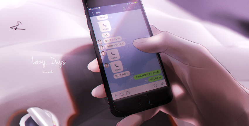 1boy absurdres artist_logo blonde_hair cellphone cross cross_earrings earrings english_text hand_focus highres holding holding_phone jewelry latin_cross line_(naver) logo mano_aaa original phone pov smartphone text_messaging translated unworn_earring