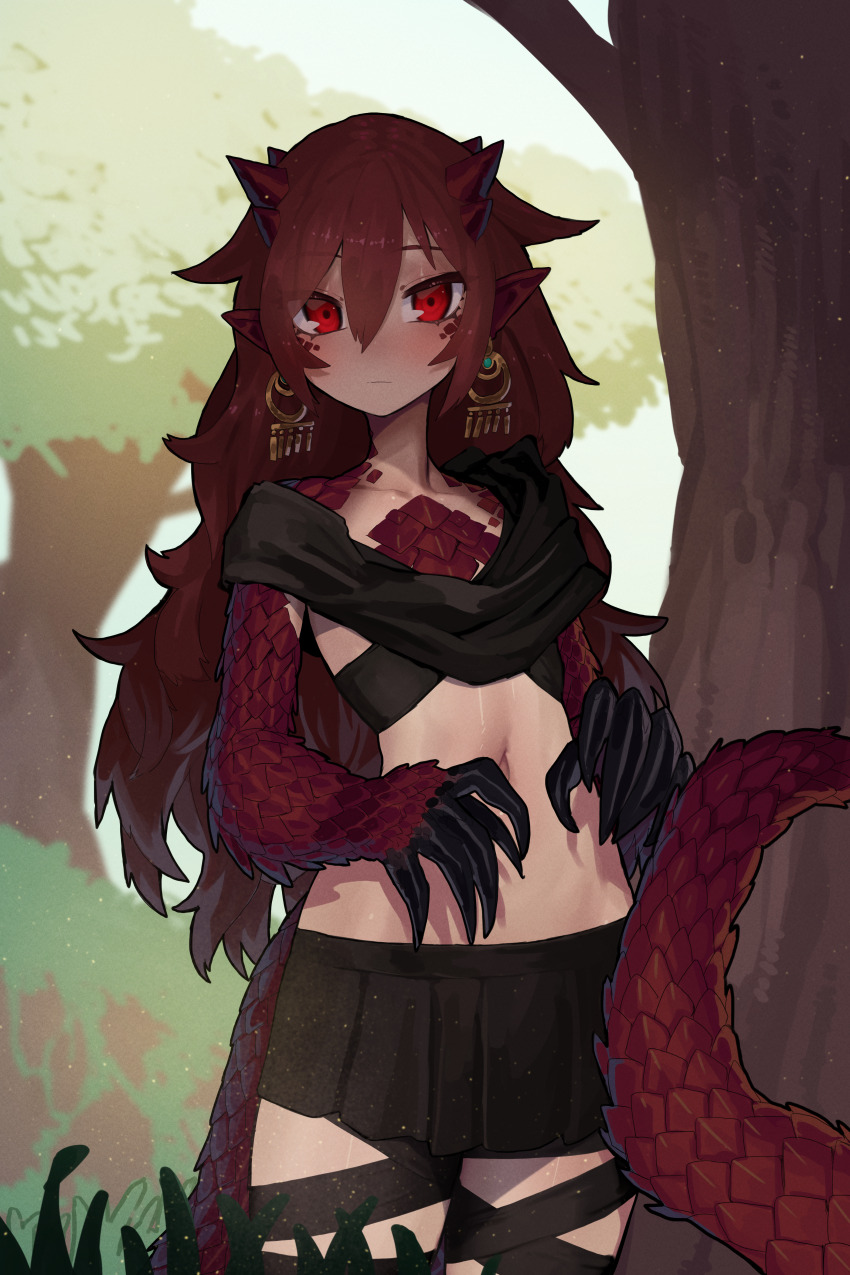 1girl absurdres black_ribbon black_scarf black_skirt blurry blurry_background breasts character_request check_character check_clothing check_copyright claws closed_mouth clothing_request commentary_request commission copyright_request cowboy_shot double-parted_bangs dragon_girl dragon_horns dragon_tail earrings ekrea_jan hair_between_eyes highres horns jewelry leg_ribbon light_frown light_particles long_hair miniskirt monster_girl navel original pleated_skirt red_eyes red_hair red_scales ribbon scales scarf skeb_commission skirt small_breasts stomach tail thighs tree