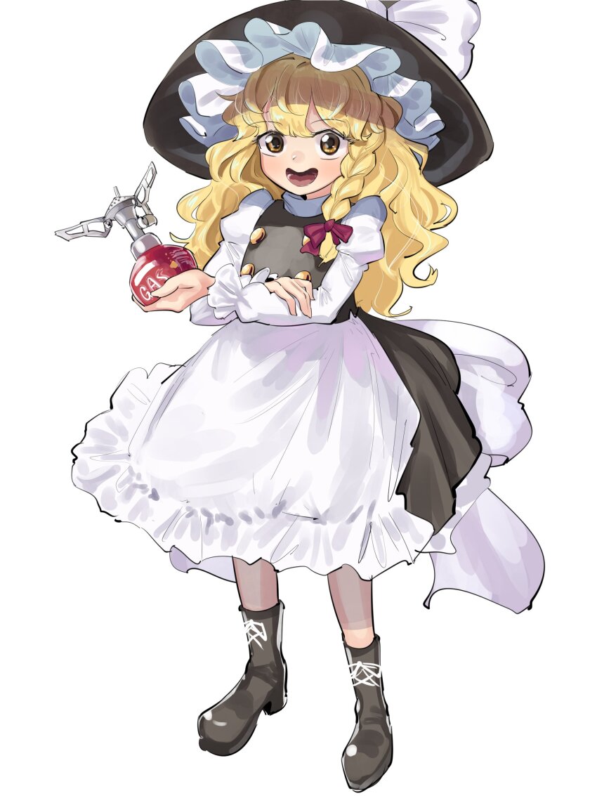 1girl absurdres apron backpacking_stove black_boots black_dress blonde_hair boots bow braid commentary double_dealing_character dress frilled_hat frills full_body gunnjou_yosio hair_bow hand_on_own_arm hat highres holding holding_stove kirisame_marisa long_hair looking_at_viewer open_mouth parody portable_stove purple_bow single_braid solo touhou white_apron white_background witch_hat yellow_eyes