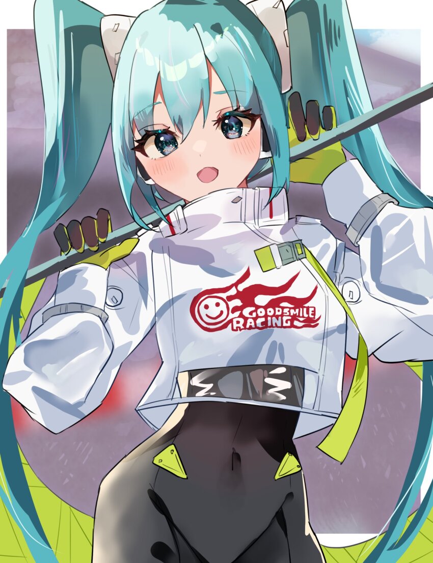 1girl blue_hair blush border covered_navel dot_nose eyelashes gloves goodsmile_company goodsmile_racing green_gloves hatsune_miku highres jacket long_hair looking_at_viewer open_mouth race_queen racing_miku racing_miku_(2022) twintails tyouruii0 very_long_hair vocaloid white_border white_jacket