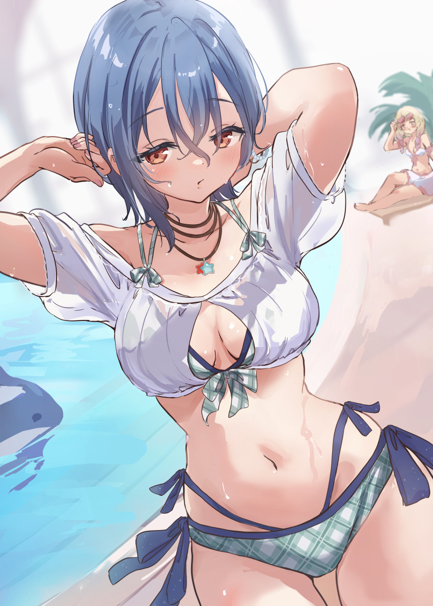 2girls absurdres arms_up bare_shoulders bikini blue_hair breasts breasts_apart cleavage_cutout clothing_cutout collarbone commentary_request cowboy_shot crossed_bangs front-tie_bikini_top front-tie_top green_bikini hair_between_eyes highres indoors large_breasts love_live! love_live!_days:_love_live!_general_magazine love_live!_superstar!! multi-strapped_bikini_bottom multi-strapped_bikini_top multiple_girls nekomaru_nisei off_shoulder official_alternate_costume onitsuka_natsumi orange_eyes plaid_bikini plaid_clothes pool poolside puckered_lips puffy_short_sleeves puffy_sleeves shirt short_hair short_sleeves standing swimsuit wakana_shiki white_shirt