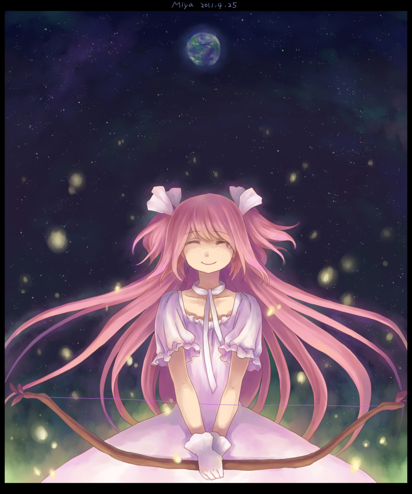 10s 1girl alternate_hairstyle bow_(weapon) closed_eyes dress earth_(planet) female_focus gloves gradient_background highres kaname_madoka long_hair magical_girl mahou_shoujo_madoka_magica mahou_shoujo_madoka_magica_(anime) miya8111 pink_hair planet ribbon smile solo space spoilers star_(symbol) tears two_side_up ultimate_madoka weapon white_gloves