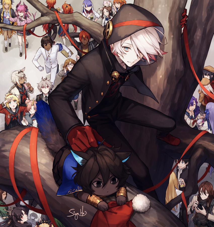 6+boys 6+girls animal_ears animalization arjuna_(fate) arjuna_alter_(fate) ashwatthama_(fate) bag black_hair black_jacket black_pants blonde_hair blue_eyes branch brown_hair caenis_(fate) camera cat_boy cat_ears cat_tail contemporary dark-skinned_male dark_skin elizabeth_bathory_(fate) ereshkigal_(fate) eyeshadow eyeshadow_under_eye fate/grand_order fate_(series) frankenstein&#039;s_monster_(fate) fujimaru_ritsuka_(female) fujimaru_ritsuka_(male) gakuran georgios_(fate) gloves grey_hair hair_between_eyes hair_over_one_eye hat highres holding holding_camera hood hood_up illyasviel_von_einzbern in_tree ishtar_(fate) jacket jinako_carigiri kama_(fate) karna_(fate) karna_(santa)_(fate) kirschtaria_wodime leonardo_da_vinci_(fate) leonardo_da_vinci_(fate/grand_order) leonardo_da_vinci_(rider)_(fate) long_hair martha_(fate) mash_kyrielight matou_sakura meltryllis_(fate) miyu_edelfelt mordred_(fate) multiple_boys multiple_girls open_clothes open_jacket orange_hair pants parvati_(fate) pink_hair purple_hair rama_(fate) red_gloves red_hair red_ribbon ribbon santa_hat school_bag school_uniform serafuku shirt short_hair siduri_(fate) sieg_(fate) sita_(fate) sitting sitting_in_tree sitting_on_branch siya_ho skirt sweater_vest tail tree vritra_(fate) white_hair