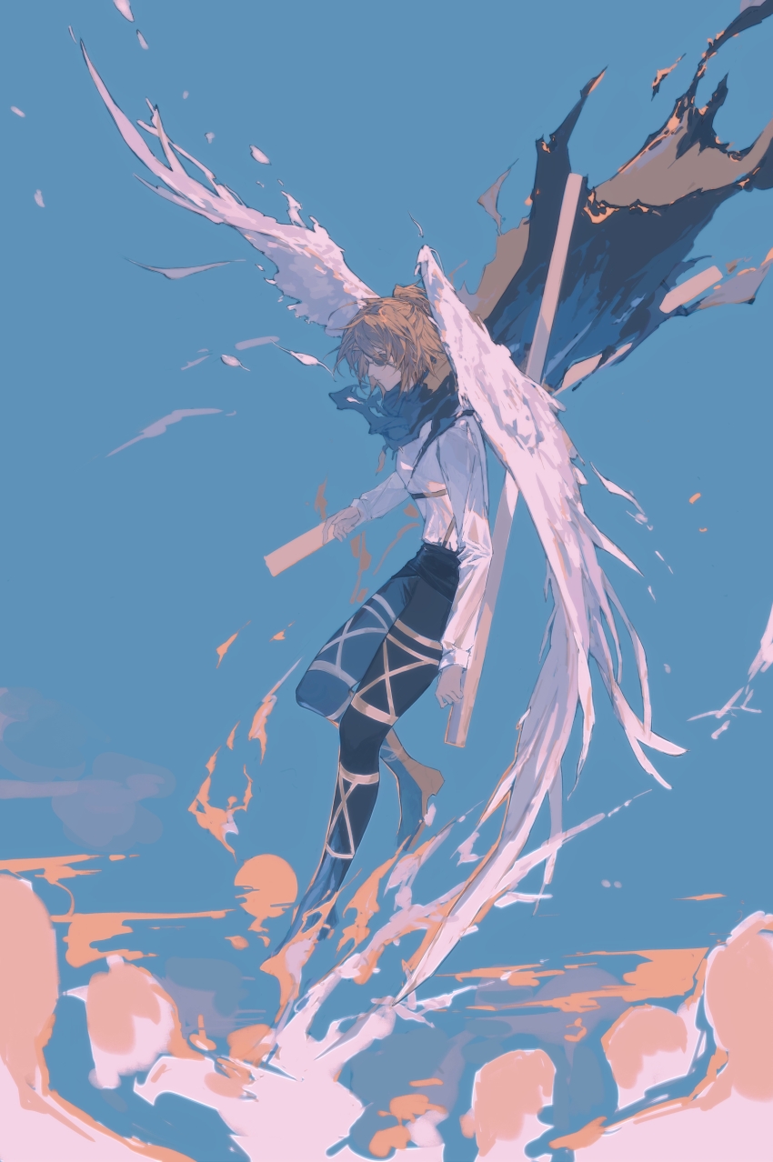1girl above_clouds absurdres black_pants black_shoes blue_sky brown_hair cape chest_harness cloud eyepatch floating_cape from_side full_body glasses hange_zoe harness highres midair pants ponytail profile shingeki_no_kyojin shirt shoes short_hair short_ponytail sky solo torn_cape torn_clothes white_shirt white_wings wings zhouliang48183