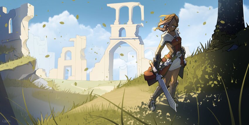 1girl armored_boots asymmetrical_bangs belt belt_buckle black_gloves black_sleeves blue_sky boots braid bright_pupils brown_belt brown_boots brown_eyes brown_hair buckle closed_mouth cloud coat commission dark-skinned_female dark_skin day expressionless floating_hair full_body gloves grass highres holding holding_sword holding_weapon knee_boots layered_sleeves leaf long_hair long_sleeves miniskirt multicolored_coat original outdoors path pencil_skirt red_coat road ruins shade short_over_long_sleeves short_sleeves single_braid skirt sky solo standing sword tree two-tone_coat weapon white_coat white_pupils white_skirt wikate wind zipper zipper_pull_tab