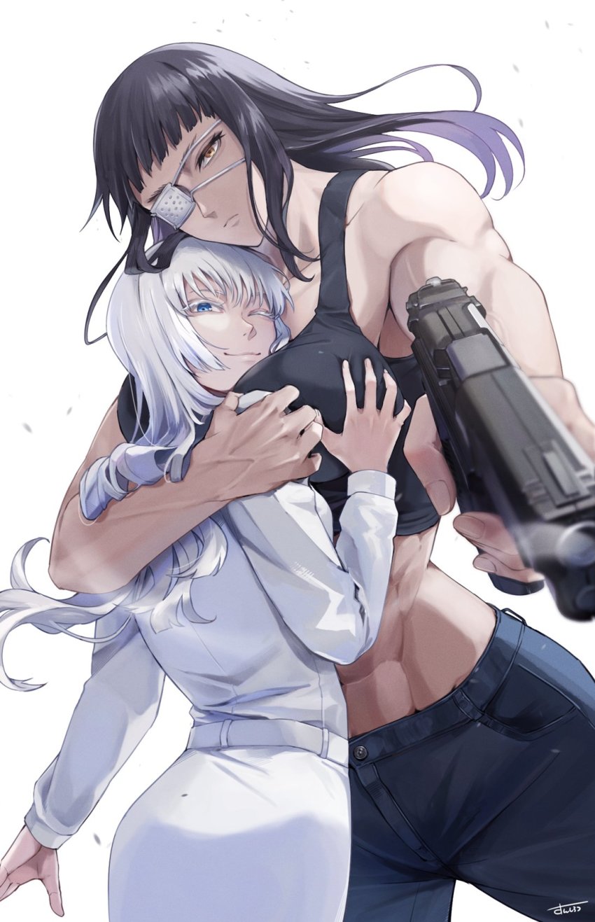 2girls abs black_hair blue_eyes breasts closed_eyes colored_eyelashes denim eyepatch groping gun handgun highres hug huge_breasts jeans jormungand_(manga) koko_hekmatyar long_hair looking_at_viewer multiple_girls muscular muscular_female pants smoke smoking_barrel sofia_valmer sunsirou tank_top weapon white_eyelashes white_hair yellow_eyes yuri