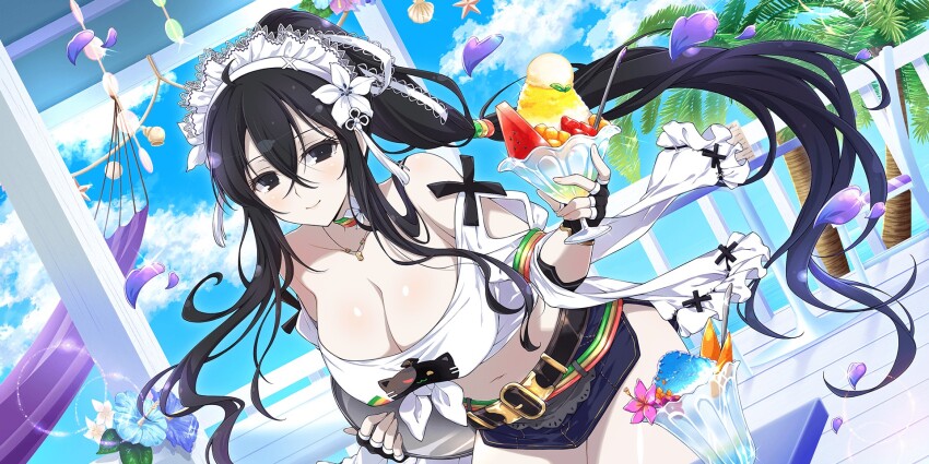 1girl animal_print belt black_eyes black_hair blue_flower blue_sky breasts cat_print choker cleavage cloud cocktail collarbone cup day falling_petals fingerless_gloves flower food fruit fubuki_(senran_kagura) gloves hair_between_eyes hair_flower hair_ornament hammock hibiscus highres holding holding_tray ice_cream_cup ice_cream_spoon jewelry large_breasts long_hair looking_at_viewer midriff miniskirt navel necklace palm_leaf palm_tree petals pink_flower ponytail seashell senran_kagura senran_kagura_new_link shell skirt sky slushie smile solo spoon starfish strawberry tassel tassel_hair_ornament tray tree tropical tropical_drink very_long_hair watermelon watermelon_slice white_flower