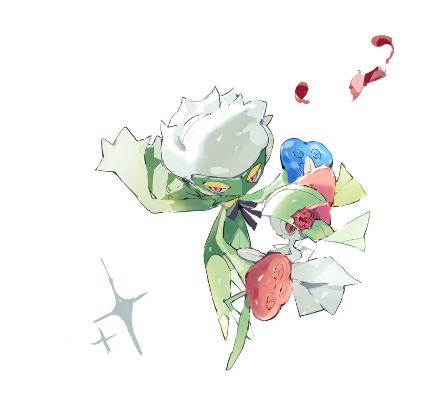 aisutabetao black_ribbon blue_flower colored_skin dancing eye_mask eyeshadow flower gen_3_pokemon gen_4_pokemon green_hair green_mask green_scarf green_skin hair_flower hair_ornament half-closed_eyes highres holding_hands jewelry kirlia looking_at_viewer looking_up makeup multicolored_skin neck_ribbon neck_ring negative_space nintendo no_feet no_hands no_humans petals pokemon pokemon_(creature) pokemon_focus red_eyes red_flower red_rose ribbon rose roserade scarf short_hair smile two-tone_skin white_background white_hair white_skin yellow_eyeshadow