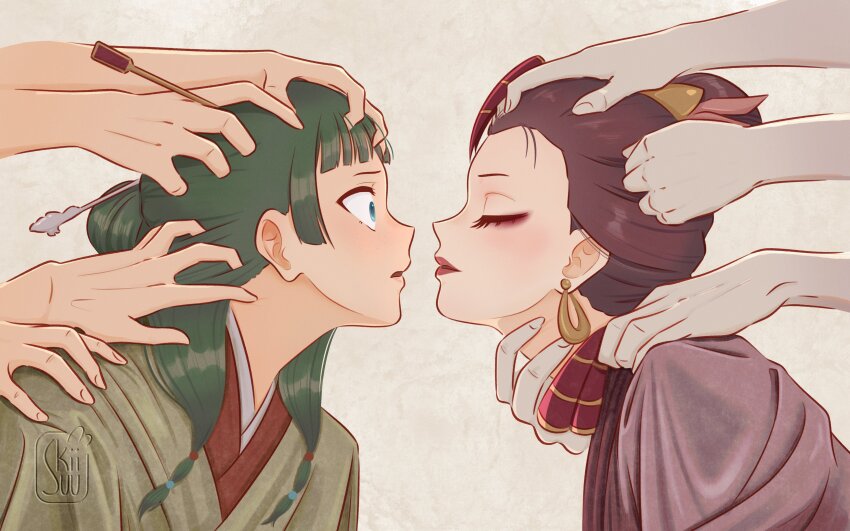 2girls absurdres artist_name closed_eyes closed_mouth earrings from_side grabbing_another&#039;s_hair green_eyes green_hair hair_ornament hair_stick hand_on_another&#039;s_neck highres jewelry kusuriya_no_hitorigoto looking_back maomao_(kusuriya_no_hitorigoto) multiple_girls portrait profile shisui_(kusuriya_no_hitorigoto) sukiii_(skiisuu) wide-eyed