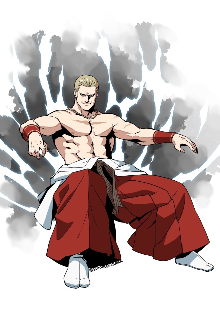 1boy absurdres blonde_hair blue_eyes dougi fatal_fury fatal_fury:_city_of_the_wolves geese_howard hair_slicked_back hakama hakama_skirt highres japanese_clothes jewelry looking_at_viewer male_focus muscular red_hakama short_hair skirt smile solo topless_male yorozu