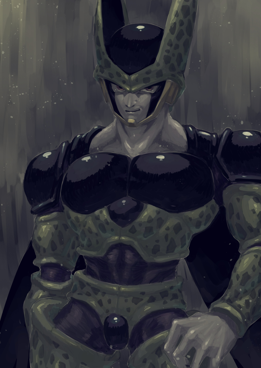 1boy black_skin black_wings cell_(dragon_ball) closed_mouth colored_skin cropped_legs dragon_ball dragonball_z green_skin grey_background hand_on_own_hip highres looking_at_viewer male_focus multicolored_skin obata2nd pectorals perfect_cell pink_eyes purple_skin simple_background smile smug solo spots white_skin wings yellow_skin