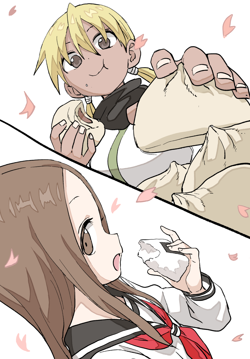 2girls :t absurdres asagao_(kunoichi_tsubaki_no_mune_no_uchi) bite_mark black_sailor_collar black_scarf blonde_hair brown_eyes brown_hair child closed_mouth creator_connection crossover dark-skinned_female dark_skin eating falling_petals food food_on_face giving_food highres holding holding_food japanese_clothes karakai_jouzu_no_takagi-san kimono kunoichi_tsubaki_no_mune_no_uchi looking_to_the_side low_twintails medium_hair multiple_girls neckerchief onigiri open_mouth parted_bangs petals red_neckerchief sailor_collar scarf school_uniform sleeveless takagi-san twintails upper_body white_kimono yamamoto_souichirou