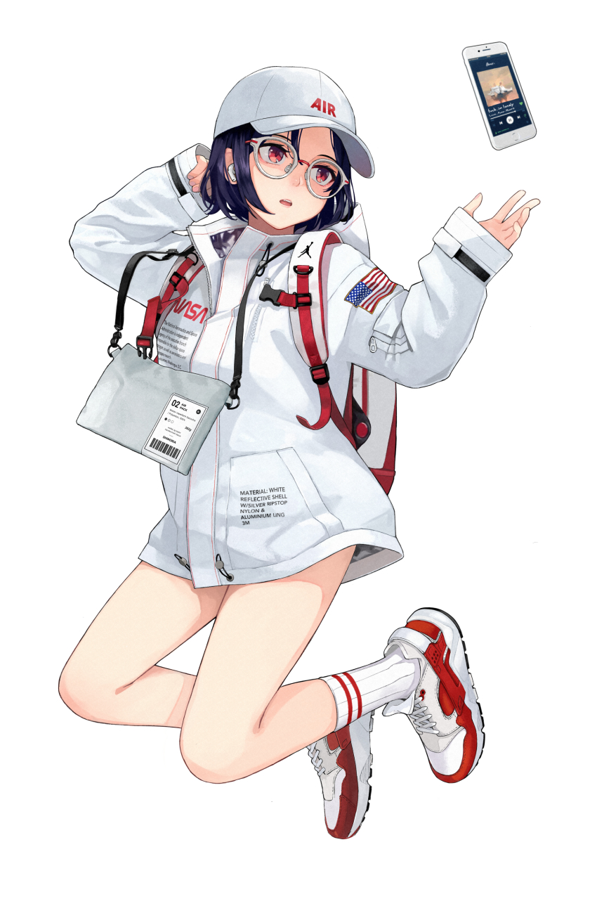 1girl absurdres air_jordan air_pods airpods american_flag arms_up backpack bag baseball_cap black_hair cellphone clothes_writing coat commentary english_commentary english_text female_focus flag_print full_body glasses hat heron_preston highres kneehighs long_sleeves nasa nike_(company) no_pants open_mouth original phone red_eyes shoes short_hair simple_background sleeves_past_wrists smartphone sneakers socks solo sugai_(4ugaii) white-framed_eyewear white_background white_coat white_hat white_shoes white_socks wireless_earphones
