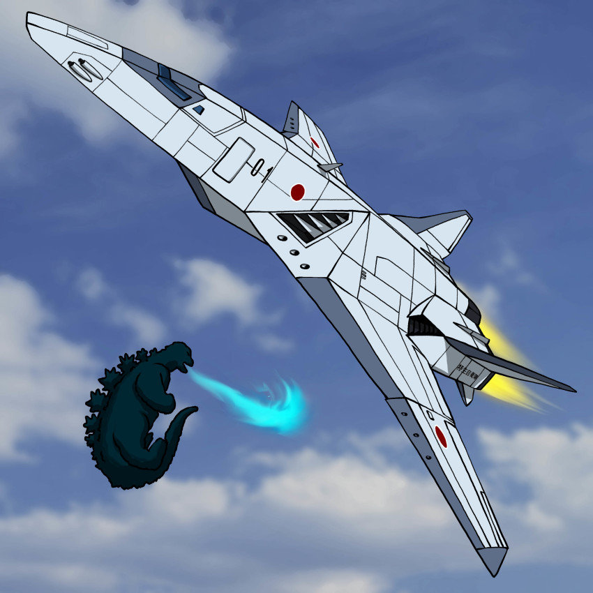 absurdres ac-3_shirasagi ac-3_white_heron aerial_battle aircraft airplane anti-megalosaurus_force battle dual-pulsating_cannons energy energy_beam fighter_jet flying godzilla godzilla:_tokyo_s.o.s. godzilla_(series) godzilla_against_mechagodzilla godzilla_vs._hedorah highres hirodango japan_self-defense_force jxsdf kaiju military military_vehicle