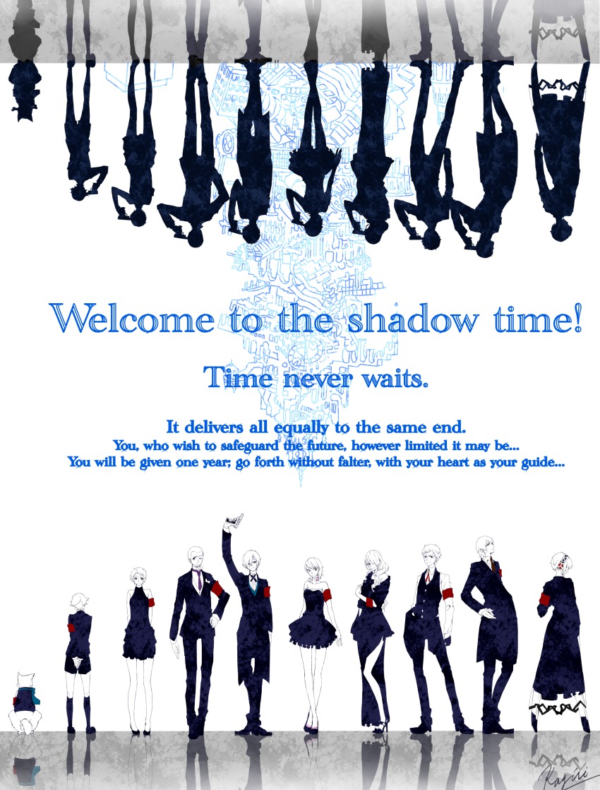 4girls 5boys absurdres aigis_(persona) amada_ken android animal aragaki_shinjirou armband atlus bone breasts choker dog dress english_text evoker formal_clothes hair_over_one_eye headphones high_heels highres iori_junpei joints kagiri07 kirijou_mitsuru koromaru_(persona) long_hair medium_breasts megami_tensei multiple_boys multiple_girls no_headwear persona persona_3 ribbon robot_joints sanada_akihiko shin_megami_tensei short_hair skirt smile suit takeba_yukari tartarus yamagishi_fuuka yuuki_makoto_(persona_3)