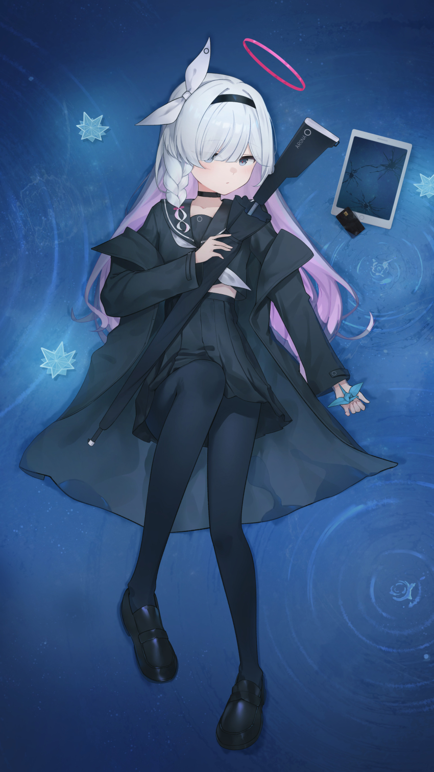 1girl absurdres black_shoes blue_archive ciza_gomi hairband highres long_hair looking_at_viewer lying multicolored_hair off_shoulder plana_(blue_archive) school_uniform shoes solo two-tone_hair white_hair