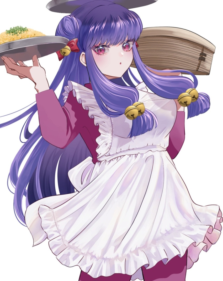 1girl apron china_dress chinese_clothes double_bun dress hair_bun highres long_hair looking_at_viewer purple_hair ranma_1/2 red_dress shampoo_(ranma_1/2) sidelocks