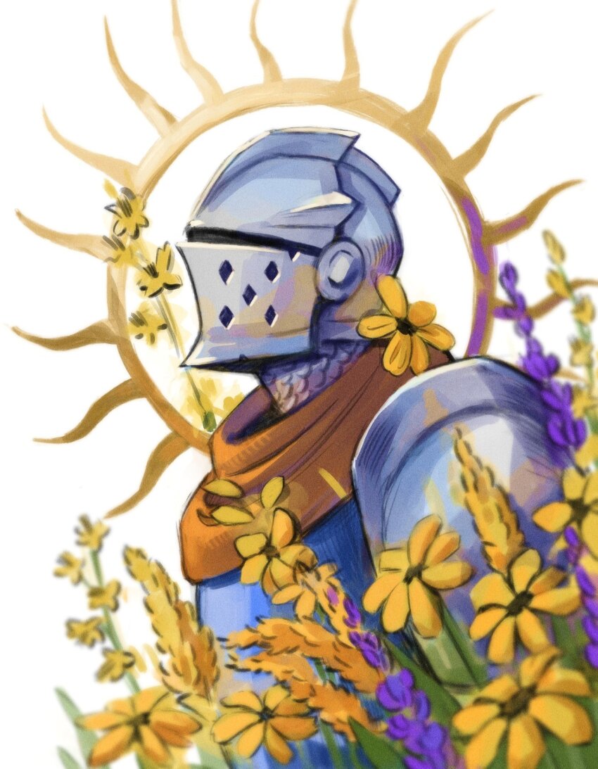 1boy armor blue_tabard chainmail commentary crusader_(darkest_dungeon) darkest_dungeon flower hashtag-only_commentary head_back helm helmet highres male_focus pauldrons perepecha plant profile purple_flower red_scarf scarf shoulder_armor solo tabard upper_body white_background yellow_flower