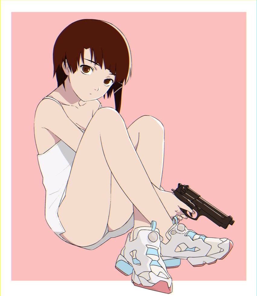 1girl absurdres asymmetrical_hair brown_eyes brown_hair closed_mouth dress gun hair_ornament hairclip handgun highres iwakura_lain looking_at_viewer medium_hair panties pantyshot pink_background pu-chin reebok reebok_pump serial_experiments_lain shoes sitting sleeveless sneakers solo underwear weapon white_dress x_hair_ornament