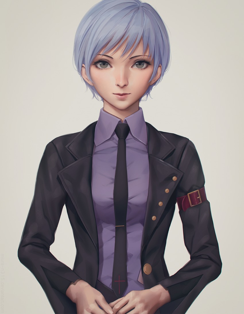 1girl bad_id bad_pixiv_id black_jacket breasts brown_eyes closed_mouth collared_shirt female_focus grey_background highres jacket lips long_sleeves looking_at_viewer miura-n315 necktie open_clothes open_jacket own_hands_together purple_hair purple_shirt shirt short_hair simple_background small_breasts smile solo umineko_no_naku_koro_ni unbuttoned uniform upper_body ushiromiya_kyrie wing_collar