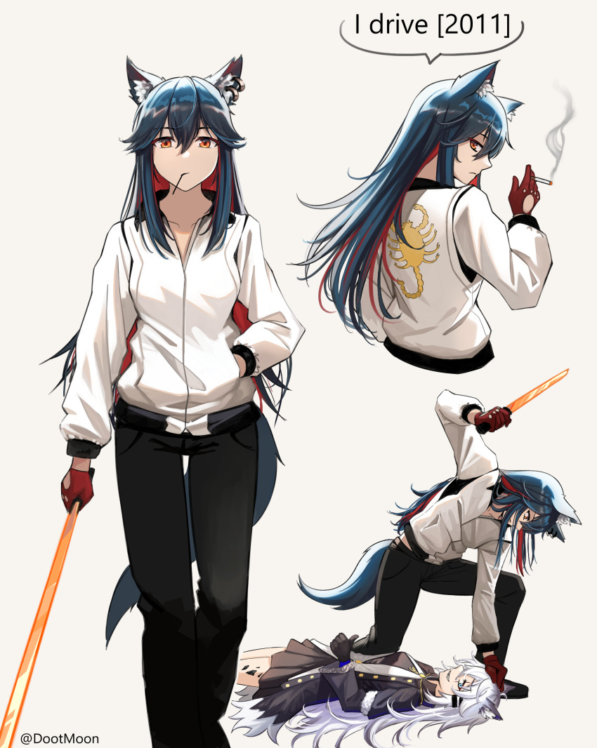 absurdres animal_ear_fluff animal_ears arknights black_coat black_hair cigarette coat colored_inner_hair dootmoon drive_(movie) food grey_eyes hand_up highres holding holding_cigarette holding_sword holding_weapon jacket kneeling lappland_(arknights) lappland_(refined_horrormare)_(arknights) long_hair lying material_growth messy_hair multicolored_hair official_alternate_costume on_back on_one_knee open_clothes open_coat oripathy_lesion_(arknights) pocky red_hair scar scar_across_eye scar_on_face sword tail texas_(arknights) thumbs_up weapon white_hair white_jacket wolf_ears wolf_girl wolf_tail