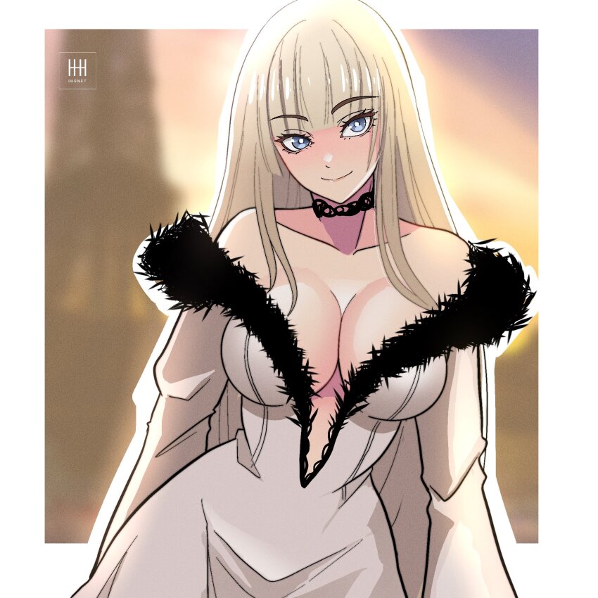 1girl artist_logo black_choker blonde_hair blue_eyes blunt_bangs border breasts choker cleavage dress emilie_de_rochefort frills highres hime_cut ihsnet large_breasts logo long_hair smile solo tekken tekken_8 upper_body white_border white_dress